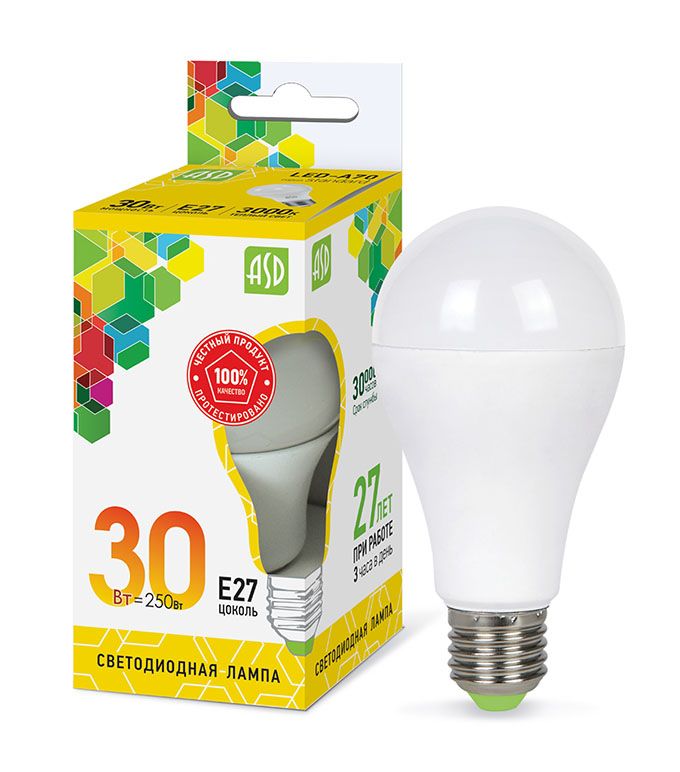 Светодиодная лампа ASD Standard ЛОН LED 30W A65 E27 3000K (матовая)